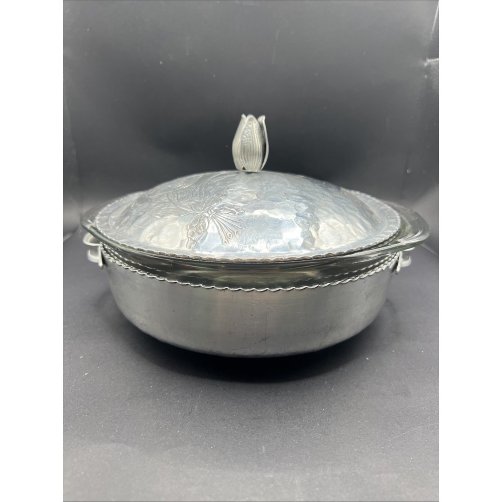 Vtg 1950s Rodney Kent Hammered Aluminum Casserole Server Orig Pyrex Glass Insert
